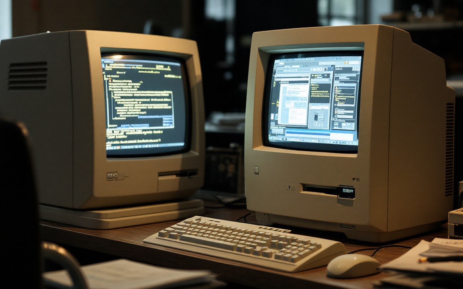 A mid-1990s beige desktop computer on a desk with its side case removed, expansion cards visible, room light