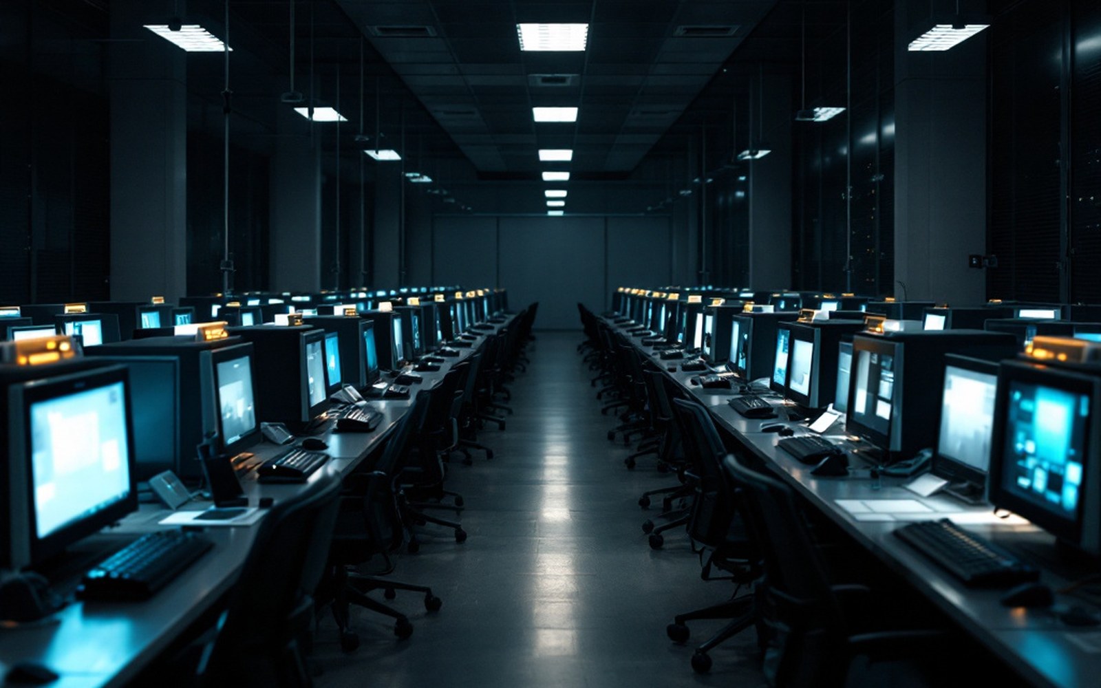 A row of identical computer terminals down a long university room seen from one end, empty chairs