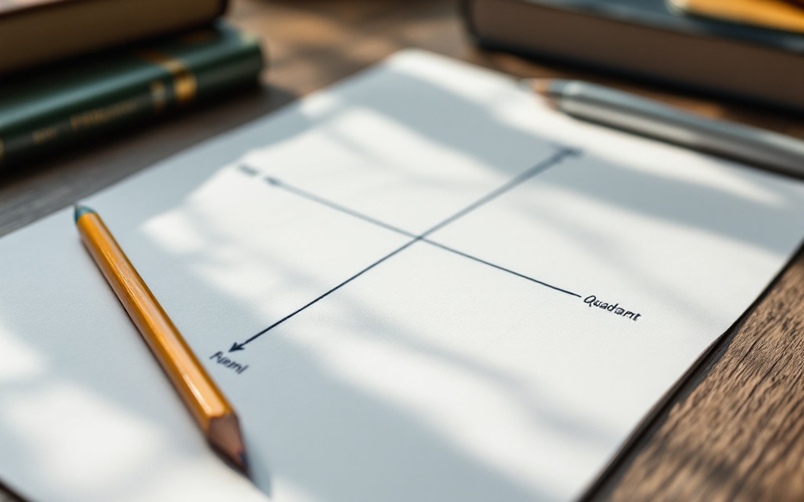 A hand-drawn quadrant diagram in pencil on graph paper with four labelled corners, on a desk in daylight, a pencil resting across it