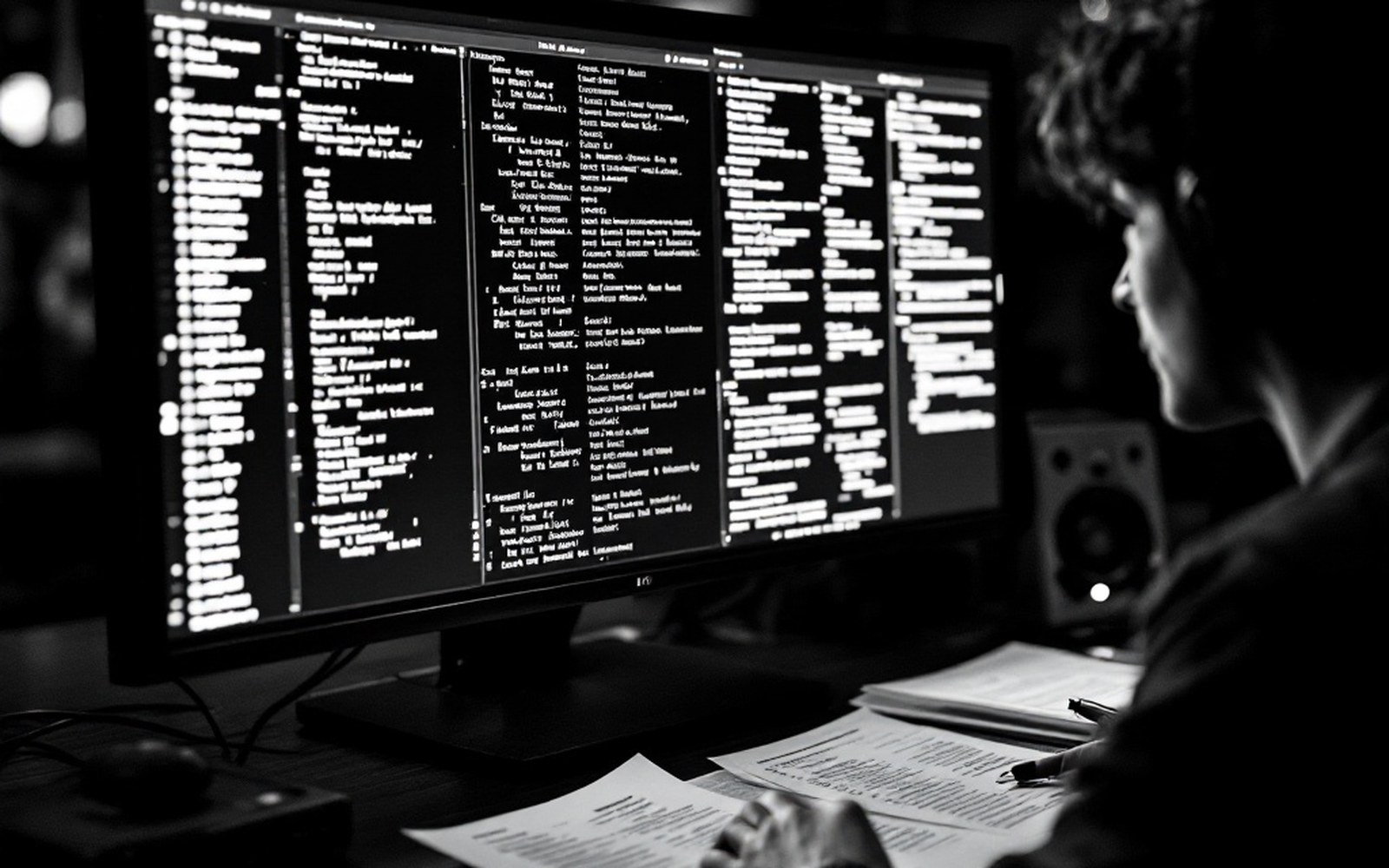 A monochrome monitor showing a wall of typed text, a printed listing on the desk beside it