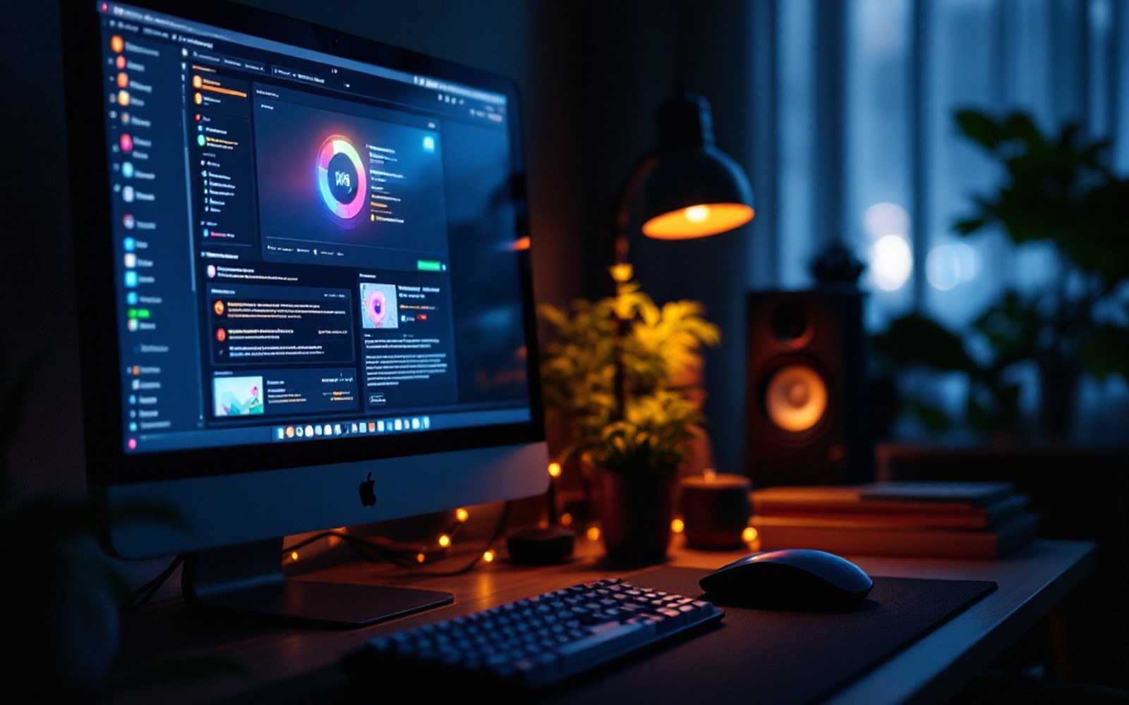 A desktop monitor in a dim room showing a simple animated interface mid-load, a mouse and mousemat in front of it