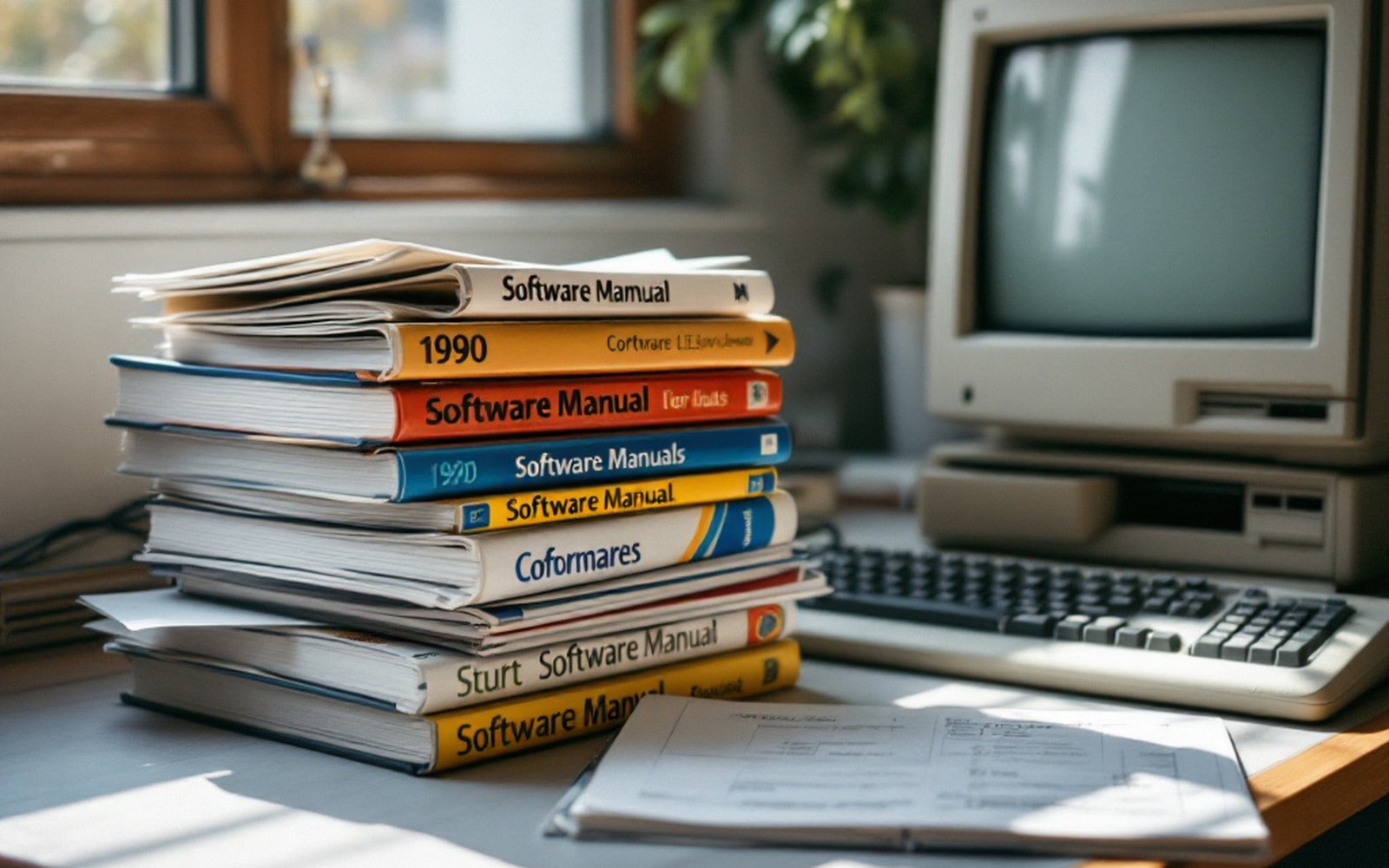 A stack of 1990s software manuals and ring binders on a desk beside an older computer, daylight from a side window