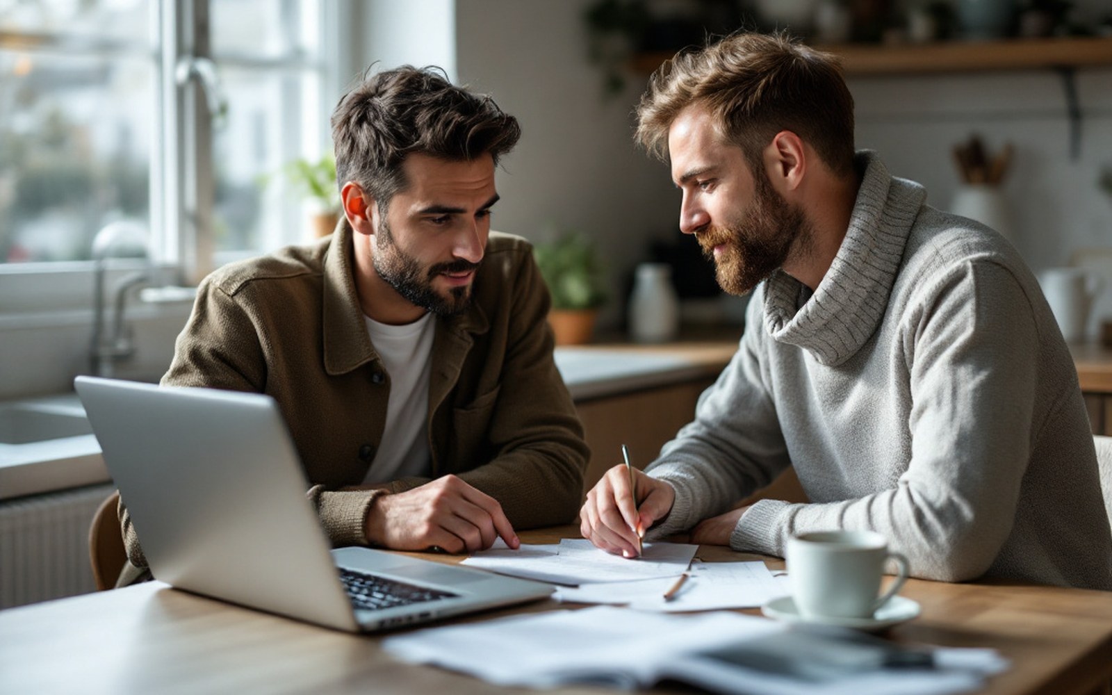 Two adults talking over a laptop at a kitchen table in daylight, papers and mugs between them