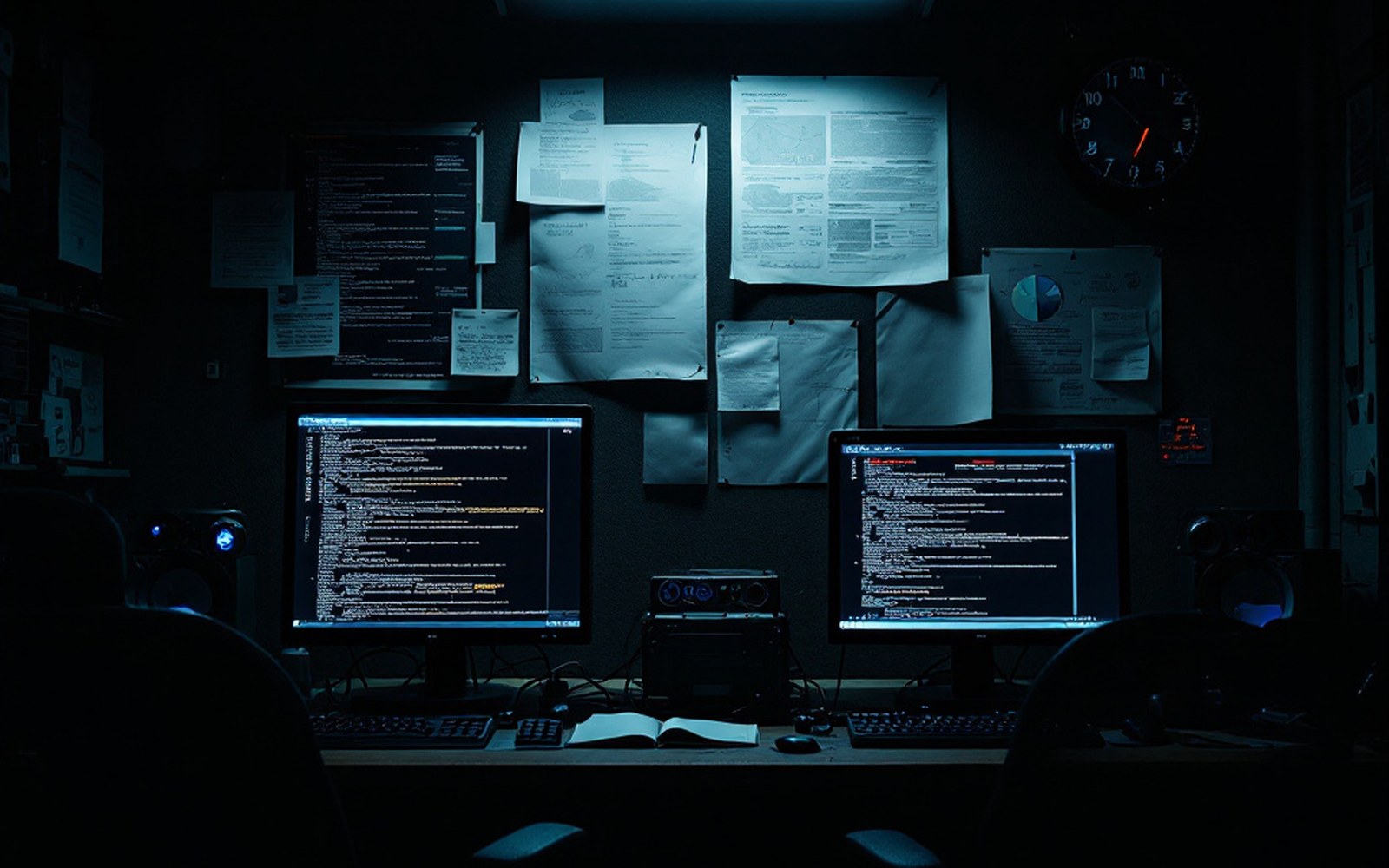 A dim room with two monitors showing dense text, notes and printouts pinned to the wall above the desk