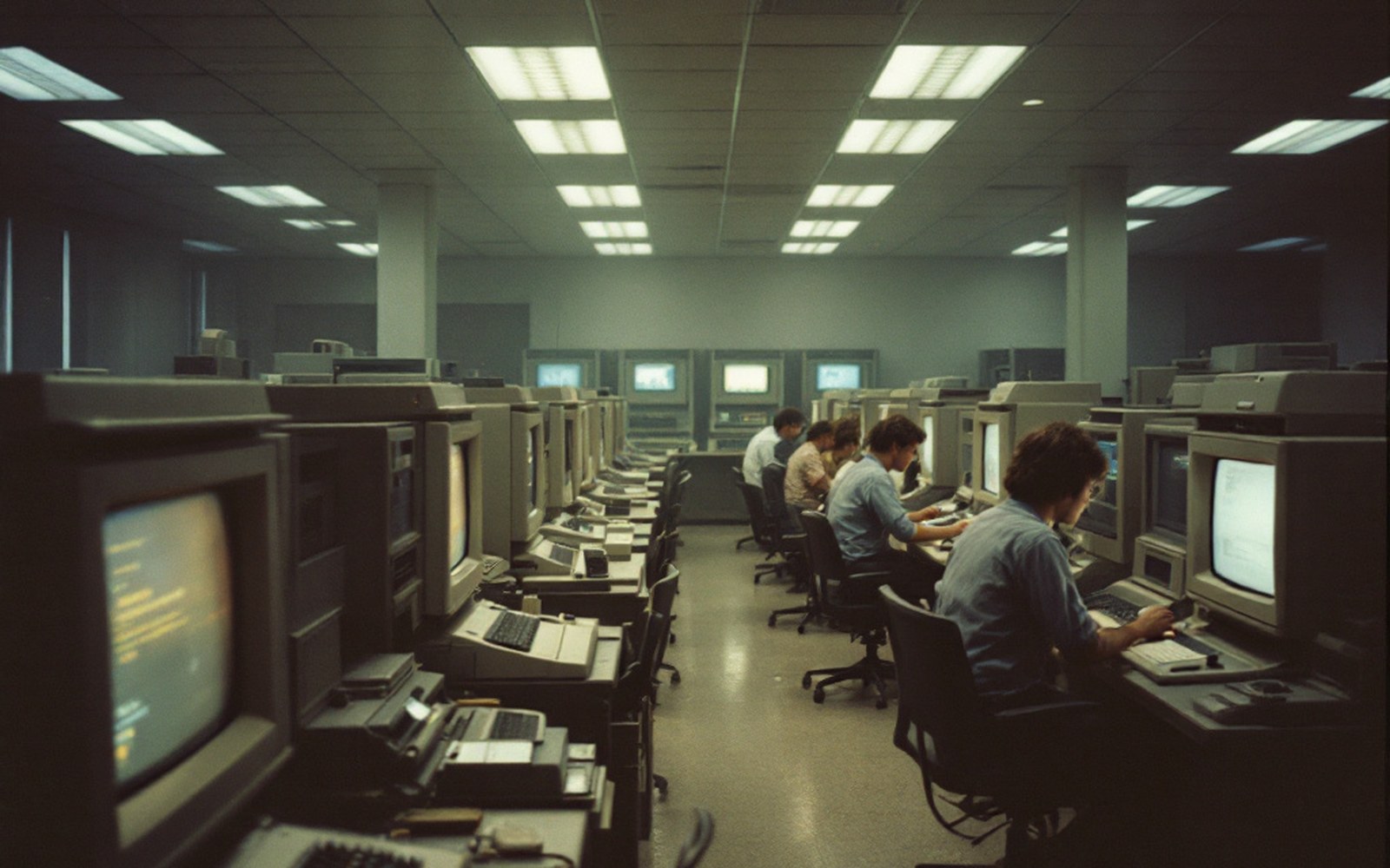 A university computer room of the late 1970s with terminals and printers, institutional lighting