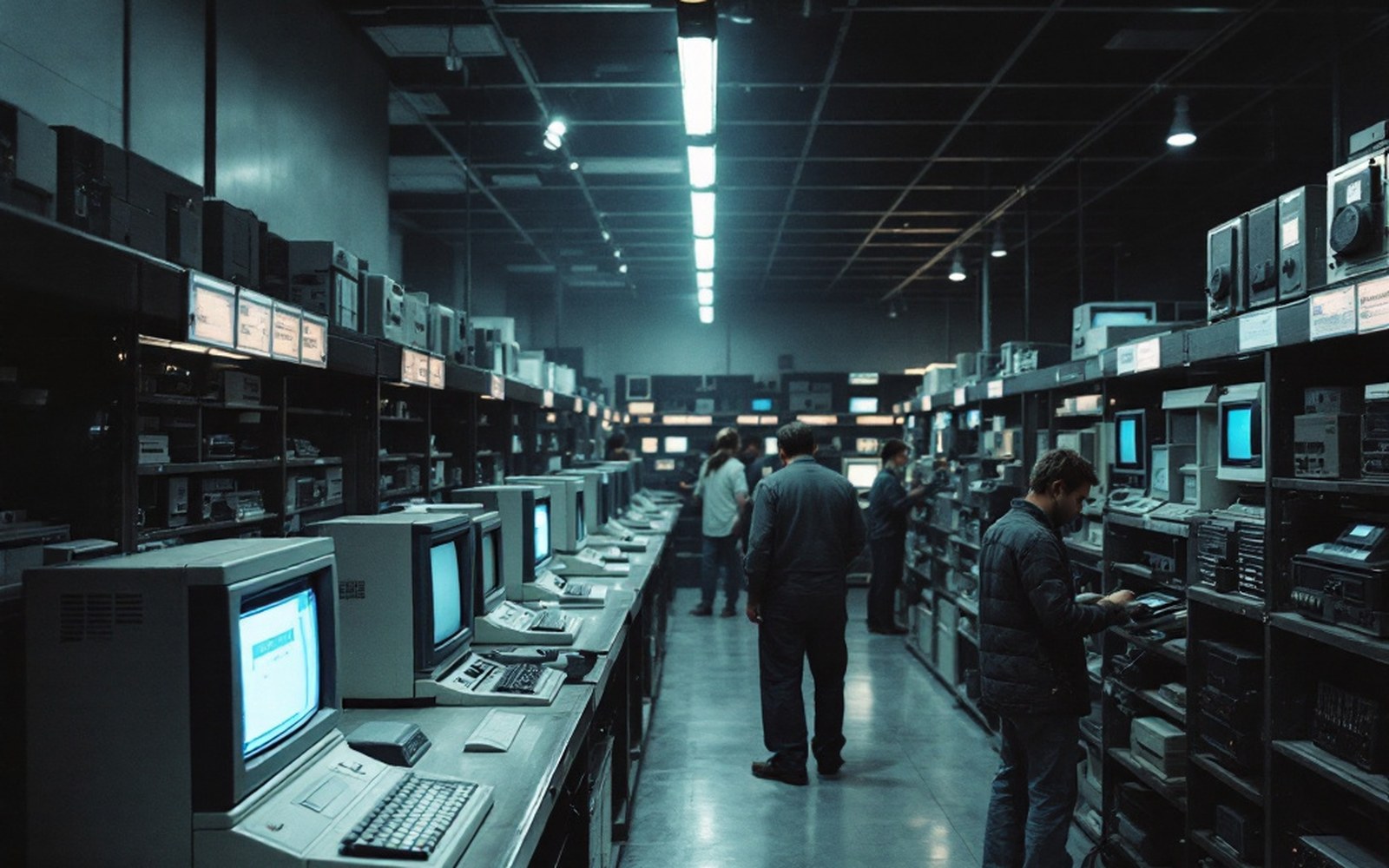 A museum store with early computers on shelving, accession labels attached, controlled lighting