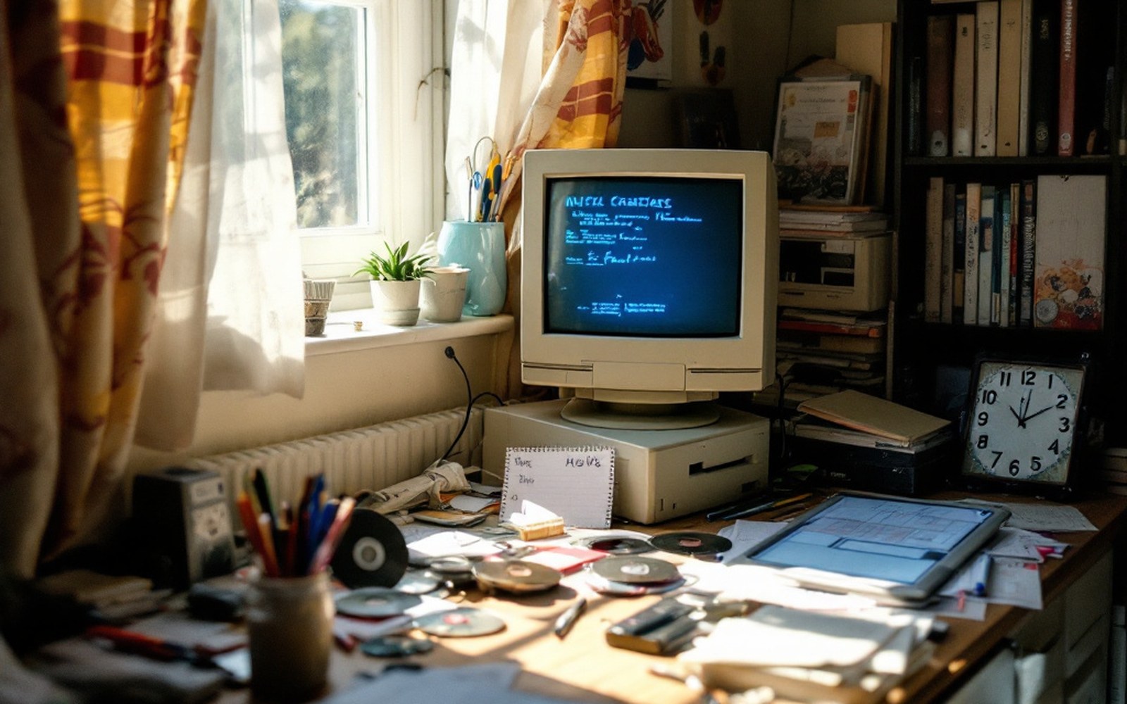A cluttered teenager's bedroom desk from the early 2000s in daylight: a beige CRT monitor, a graphics tablet, scattered burned discs and handwritten notes, curtains open