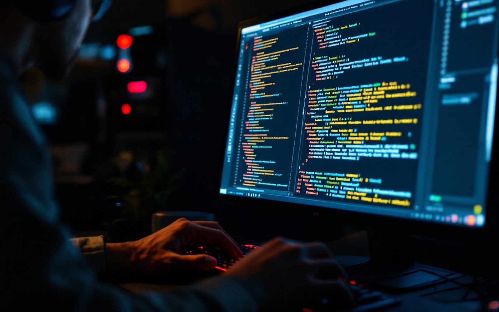 A code repository open on a monitor showing a file tree and source, dim room, adult hands on the keyboard