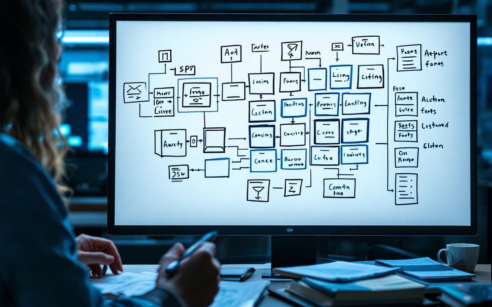 A layered technical diagram drawn on a whiteboard with boxes stacked vertically, marker resting on the tray