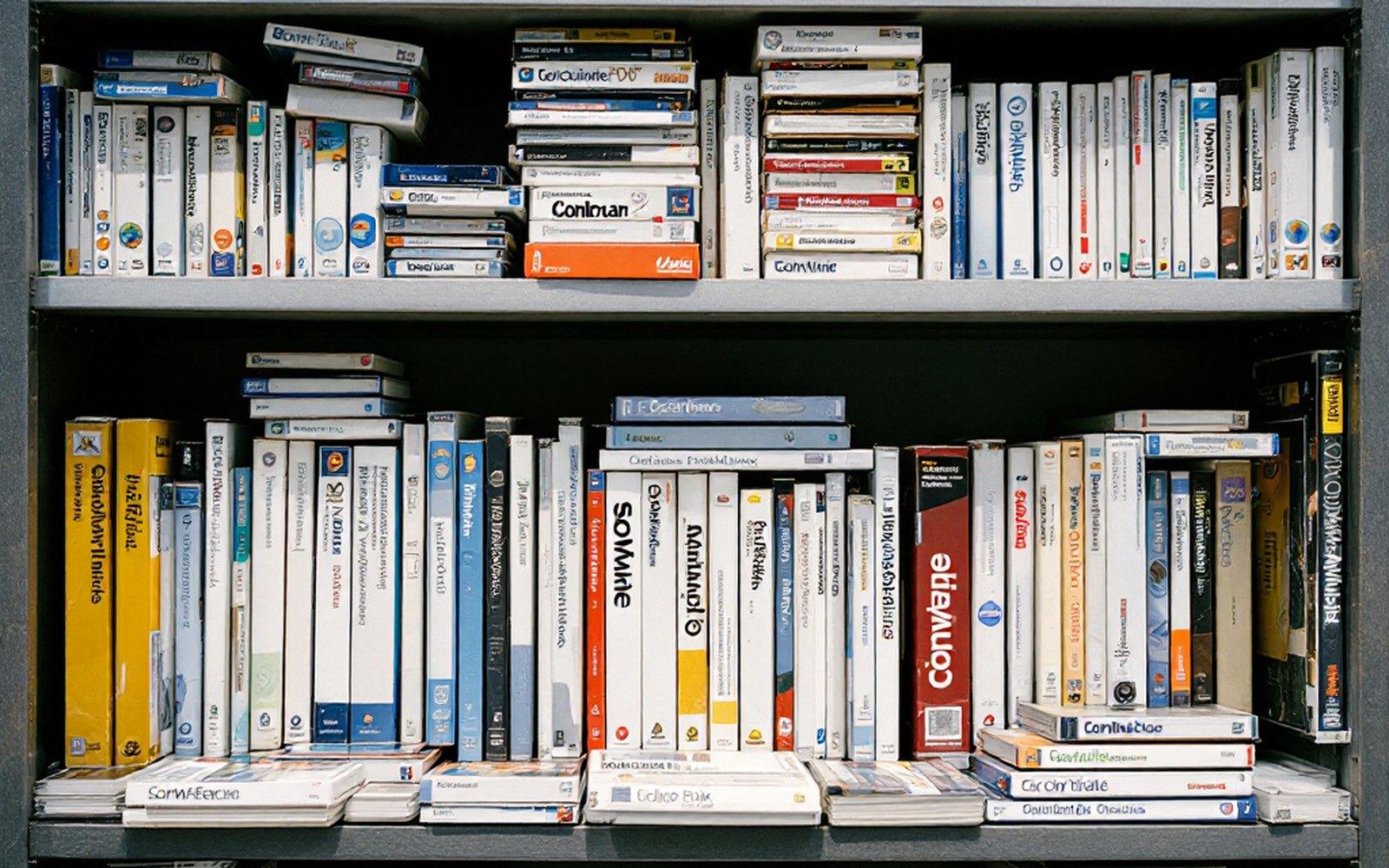 A shelf of 1990s software boxes and manuals photographed square-on in daylight, spines facing out