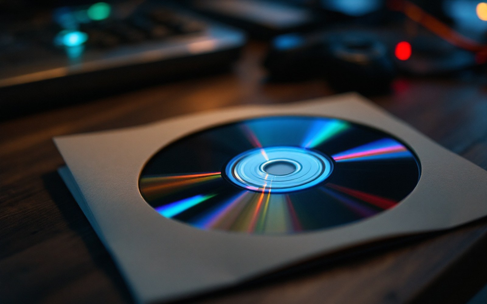 An unopened software installation disc still in its paper sleeve on a desk