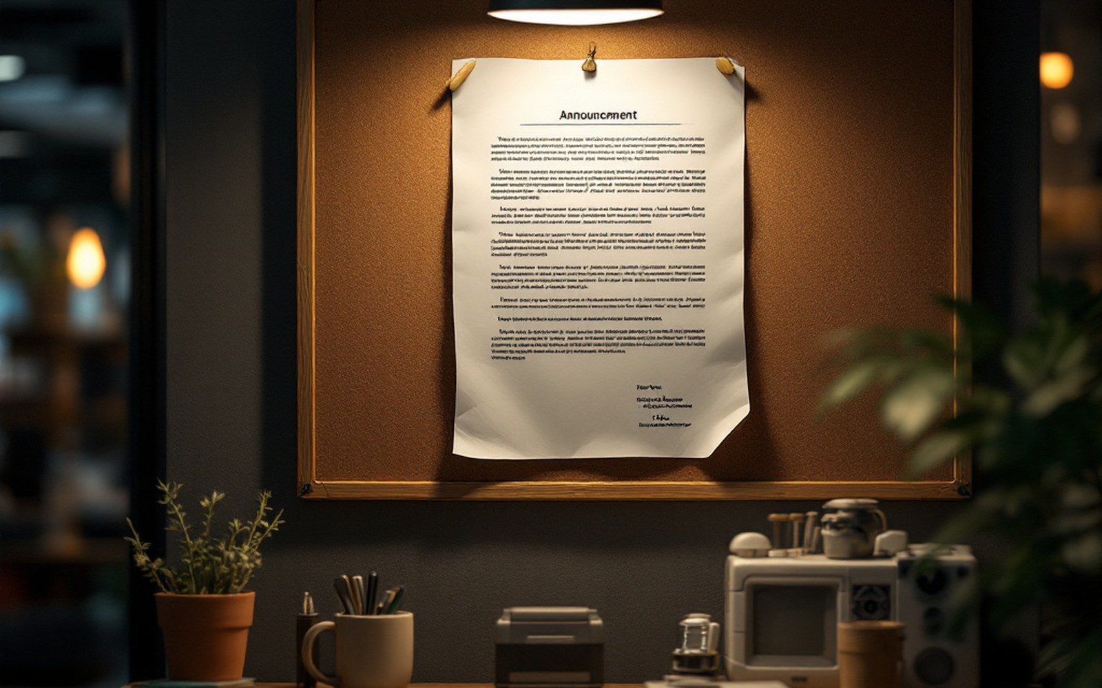 A printed announcement page pinned to a corkboard above a desk, office light