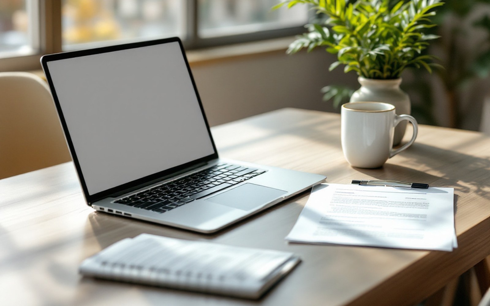 A closed laptop on a desk beside a mug and a printed page in morning light
