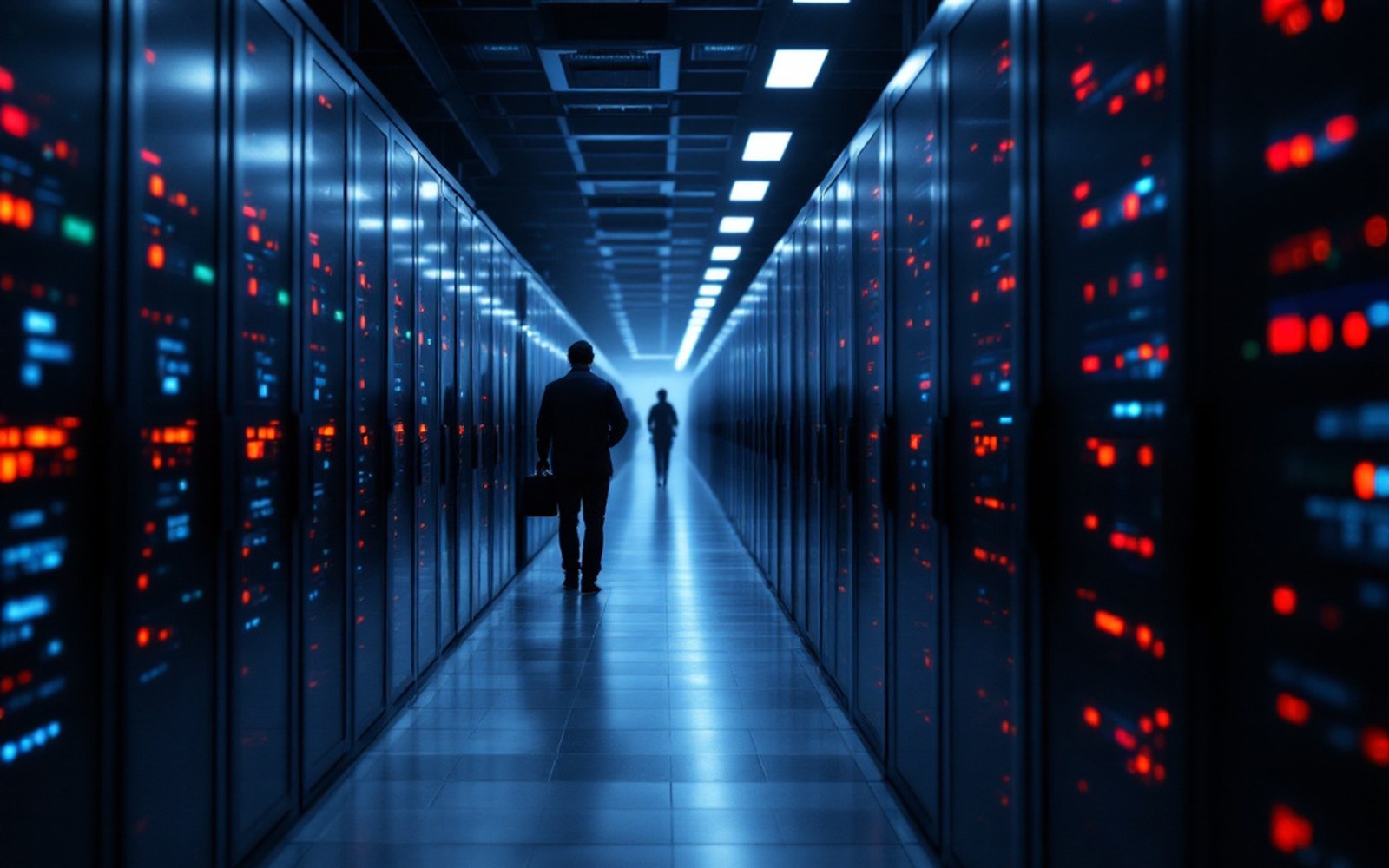 Rows of servers behind glass in a data centre with status lights, a corridor running between them