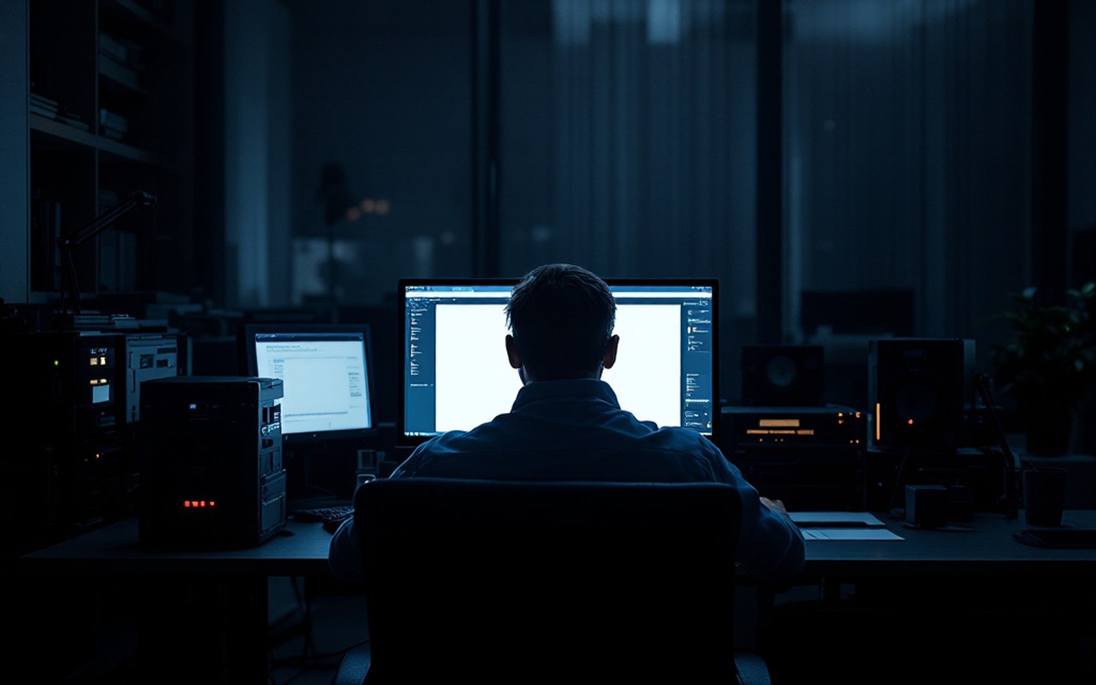 A dark office with a single monitor showing an empty browser window with a blank content area, chair pushed back