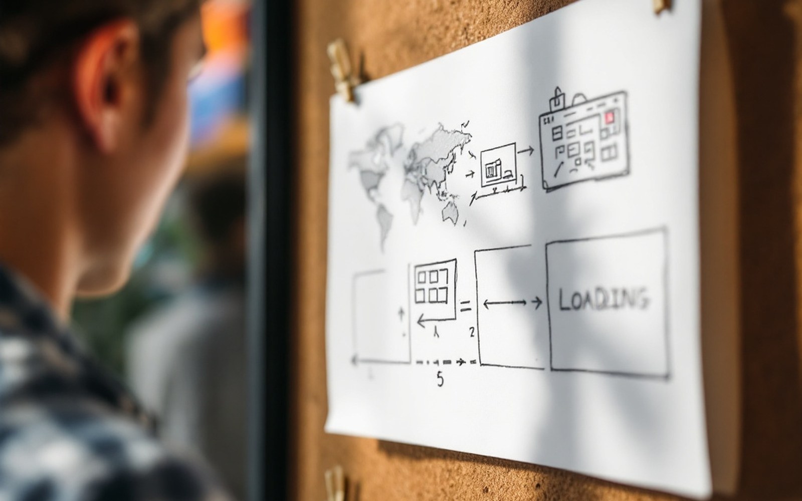A hand-drawn storyboard of a loading sequence sketched in pencil on paper, pinned to a corkboard in daylight