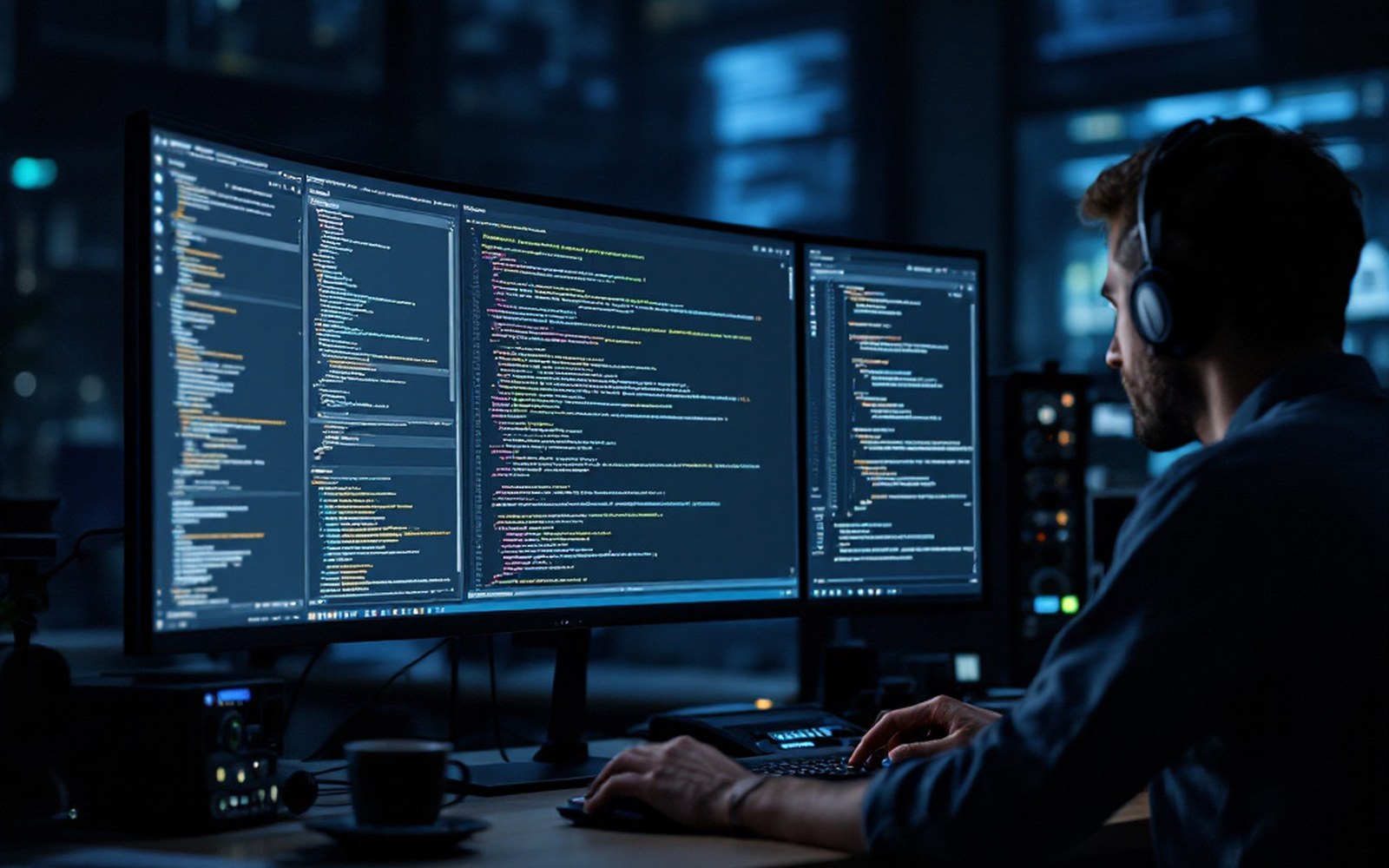 A code editor open on a widescreen monitor showing low-level instructions, dim office