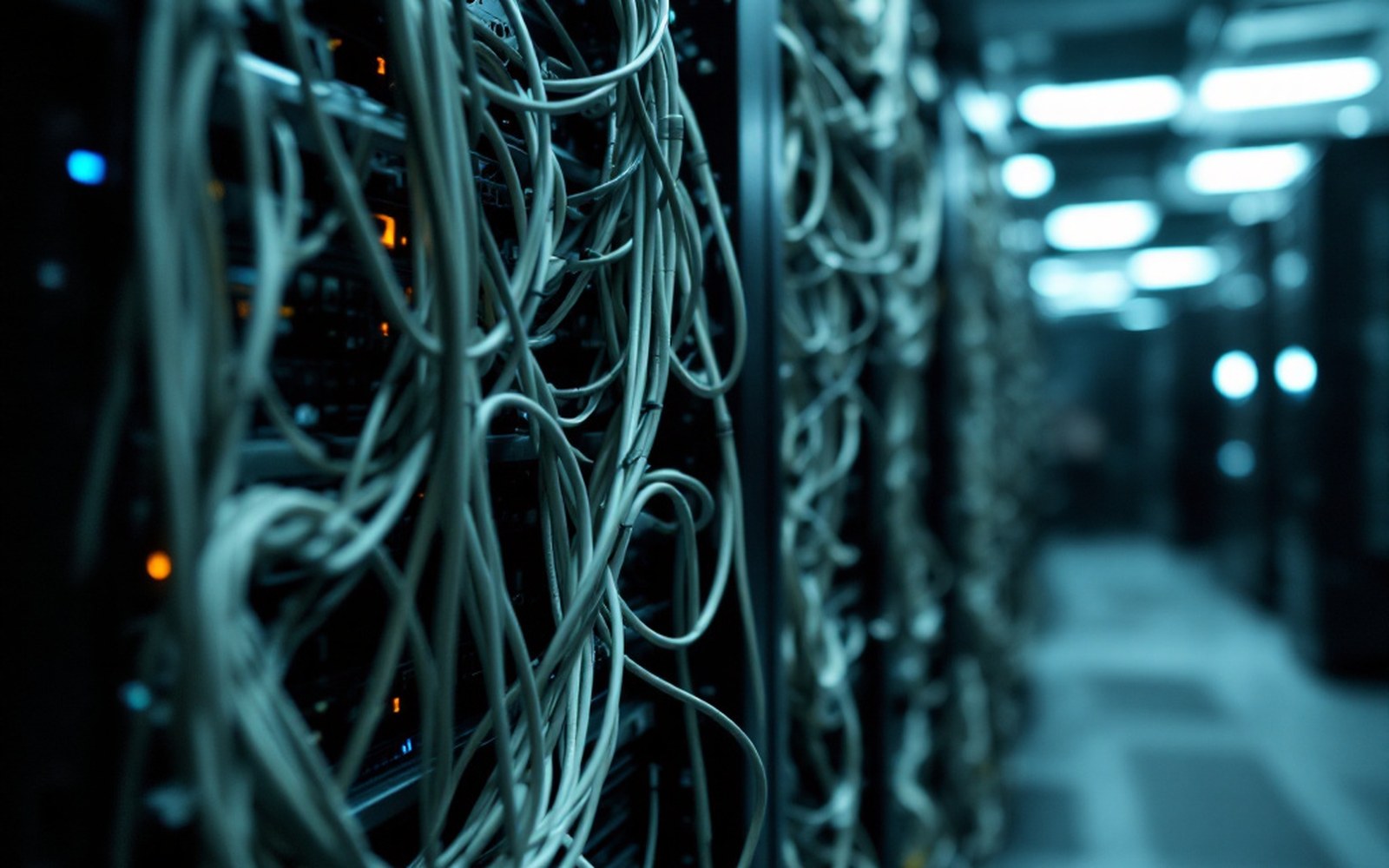 A tangle of network cables in a decommissioned server rack with empty slots, fluorescent light