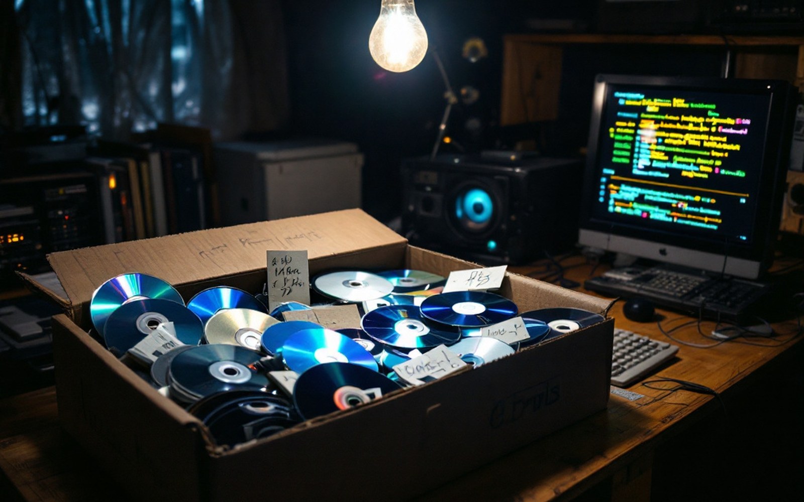 A cardboard box of floppy disks and burned CDs with handwritten labels, on a table under a bare bulb